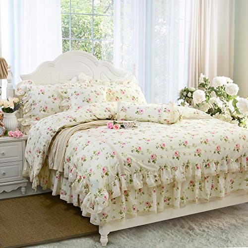 FADFAY Rosette Floral Print Duvet Cover Set Princess Lace Ruffle Bedding Set for Girls 4 Pieces Twin Size