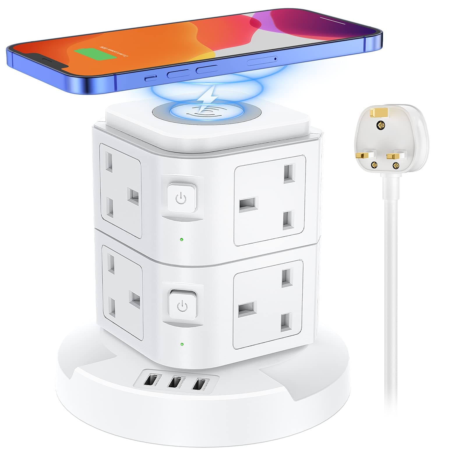 Tower Extension Lead with 3 USB, 8 Way Power Strip Surge Protection 10W Wireless Charging, Extension Multi Plug Tower Overload Protection Switched for Desktop Office Home, 2500W, 2M Extension Cord