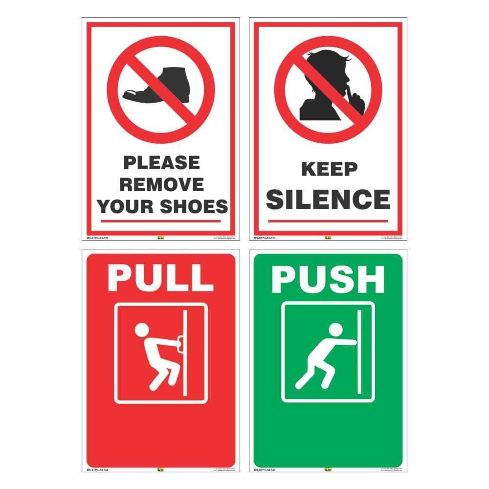 SIGNOOGLE Push Pull Keep Silence Remove Your Shoes Signs Printed Sign Stickers for Shop Office Glass Door Home Combo Offer 10.00 Cm X 12.00 Cm