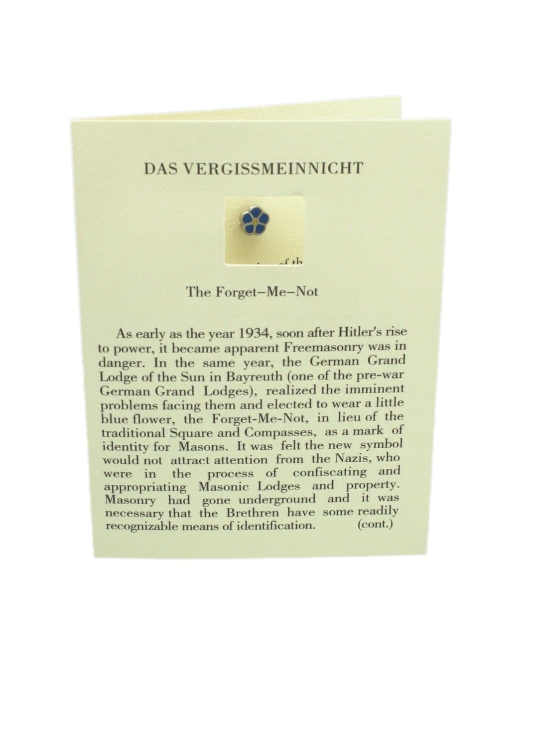 Forget Me Not Masonic WW2 Lapel Pin With History Card