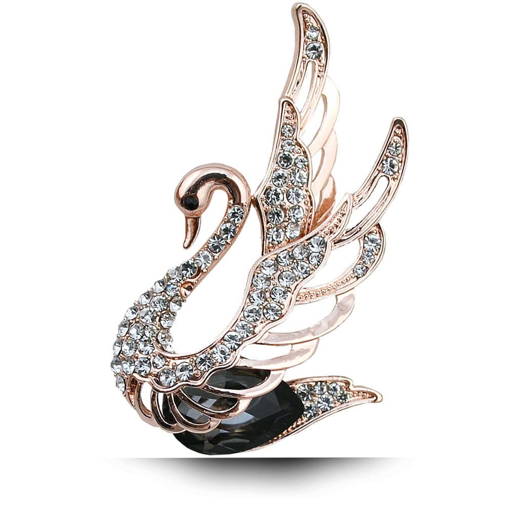 Via Mazzini Black Crystal Beautiful Swan Brooch Cum Saree Pin for Women and Girls (Brooch0568)