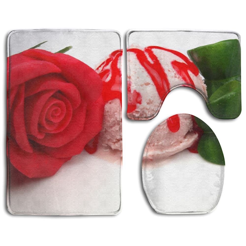 HanSmallT Strawberry Ice Cream Scoop With Marzipan Rose White Non Slip 3 Piece Bath Rug Pedestal Rug + Lid Toilet Cover + Bath Mat Customized Artwork Print