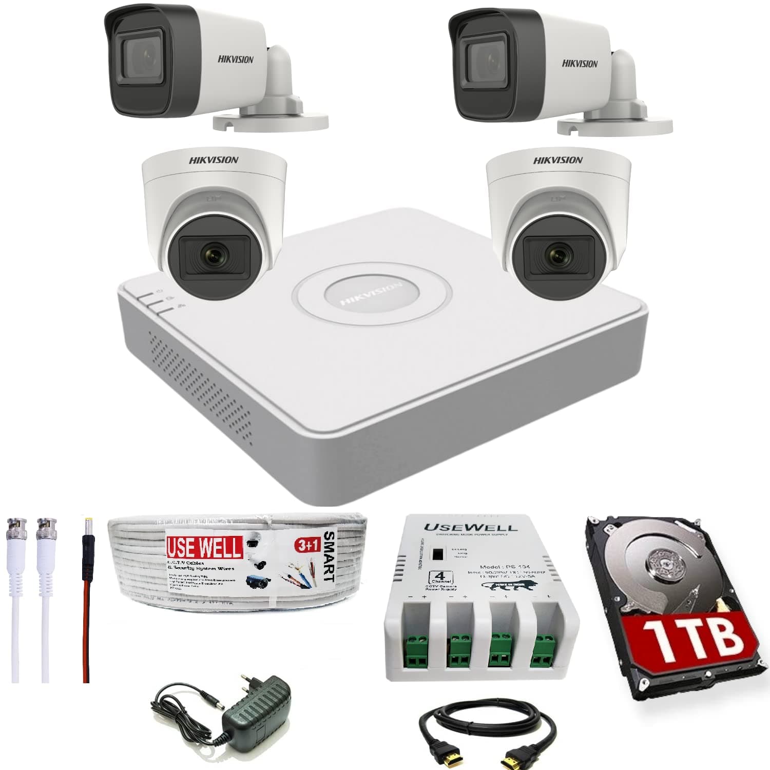 4 Channel DVR with 5 MP 2 Dome & 2 Bullet Cameras with Audio Recording + 1 TB HDD + (3+1) Cable roll + 4 CH Power Supply + BNC & DC Full Combo Kit