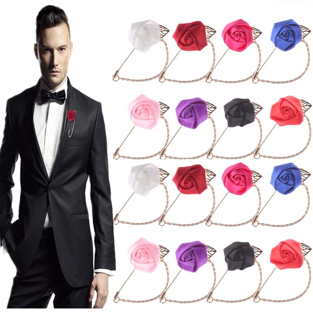 Poluka 16Pcs Handmade Satin Flower Corsage Brooch Pins with Metal Chain for Men's Suits Satin Lapel Pins Chain Brooch Women's Sweater Clips Badges Wedding Boutonniere Flower Pins Supplies