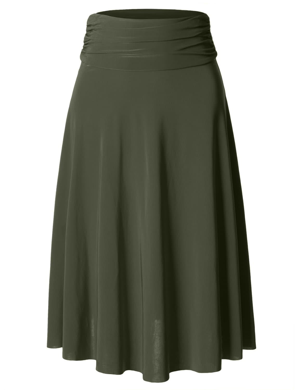 LE3NO Womens High Waisted Flared Knee Length Self Tie Belt A Line Midi Skirt