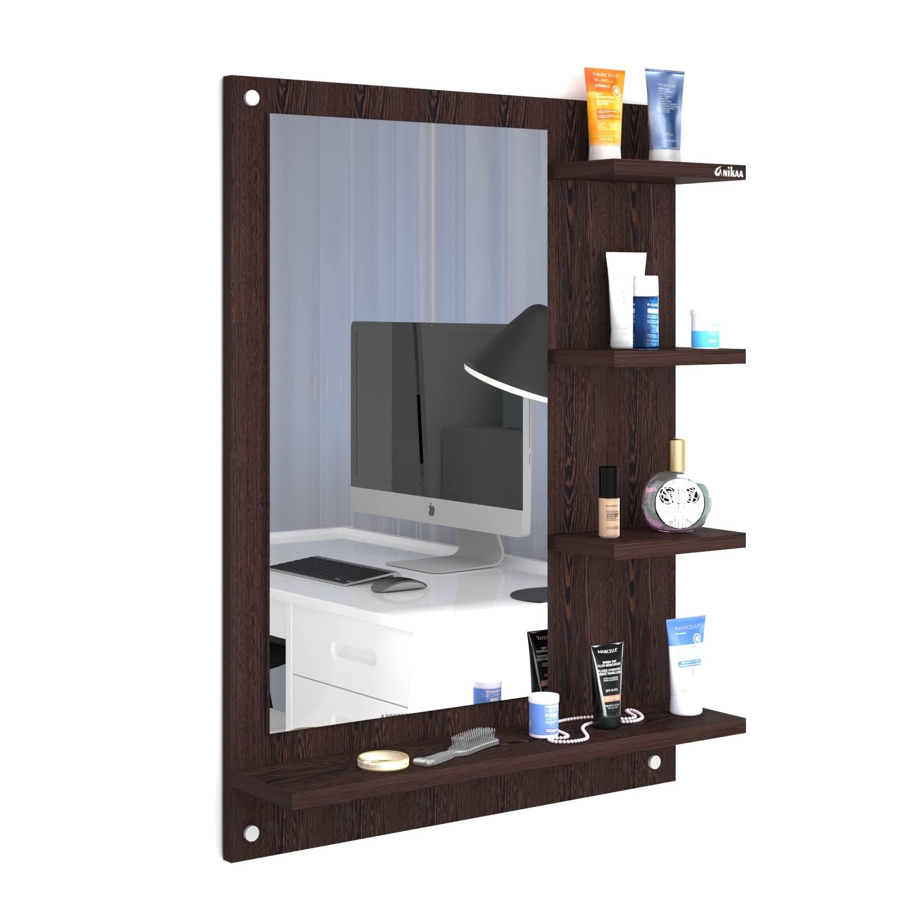 Wood Mavis Wall Mounted Hanging Dressing Mirror with Shelves for Living Room Bedroom (Wenge), 60 Cm, 1.7 Cm