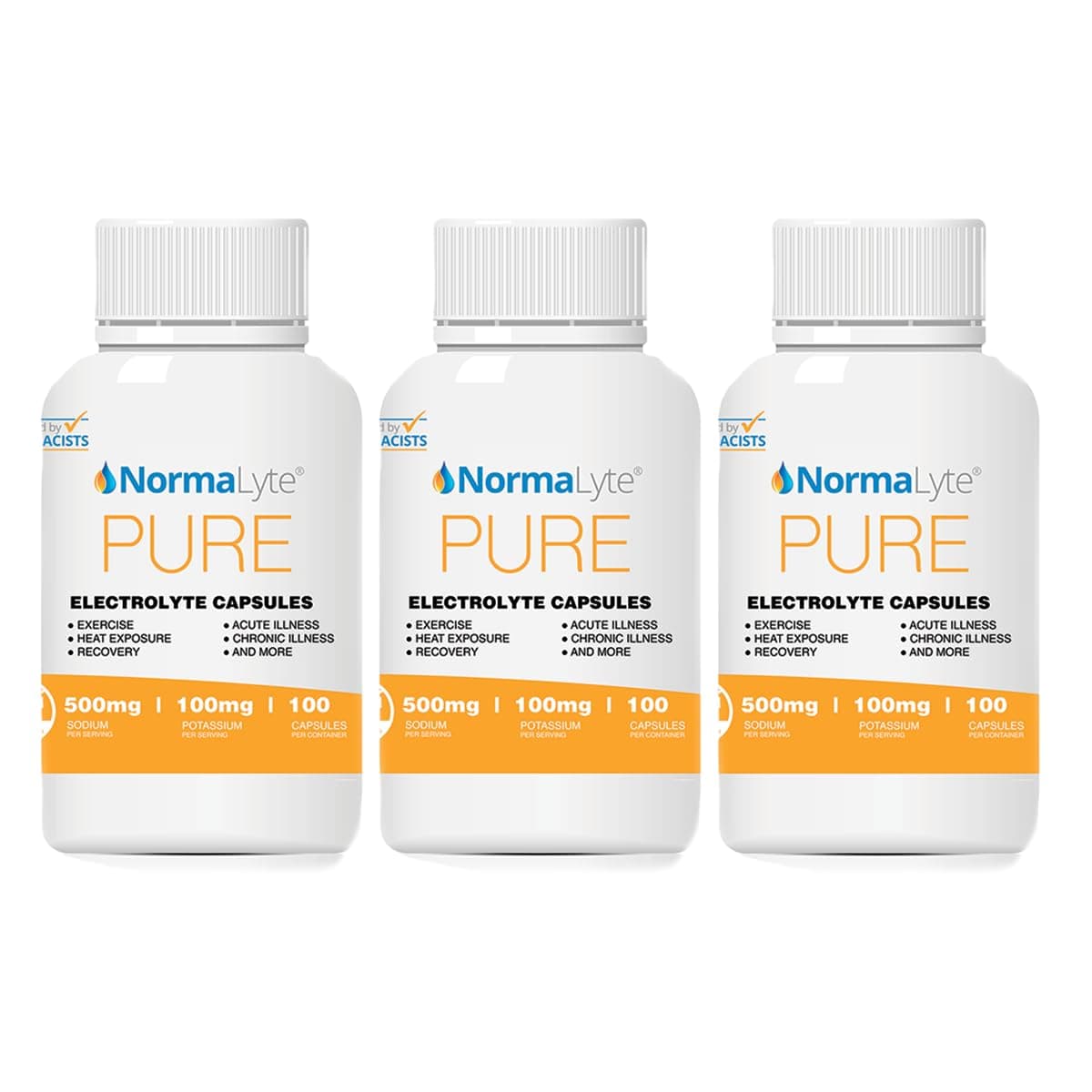 NormaLyte Pure Electrolyte Salt 100 Capsules 3 Bottles Electrolyte Pills, Potassium Supplement, Energy Supplement, 0 Calories, Sugar Free, Dehydration