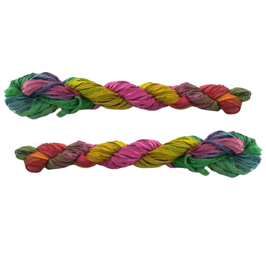 Recycled Sari Silk Ribbon, 30 Yards, 50 Grams - for Knitting, Weaving & Crochet (Multicolor Tie-Dye)
