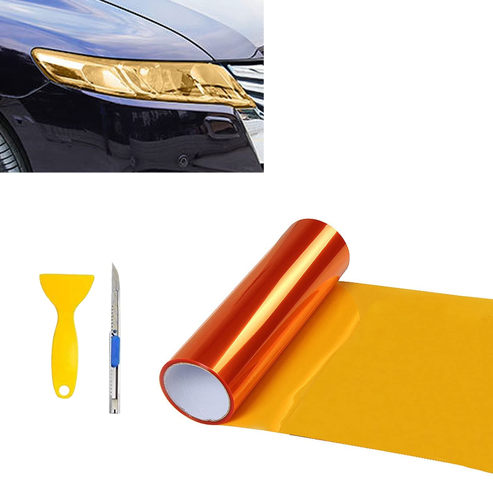 12” X 48” Orange Tint Vinyl Wrap Film Roll for Car Headlight, Taillight, Fog Lights with Squeegee + Cutter（Orange）
