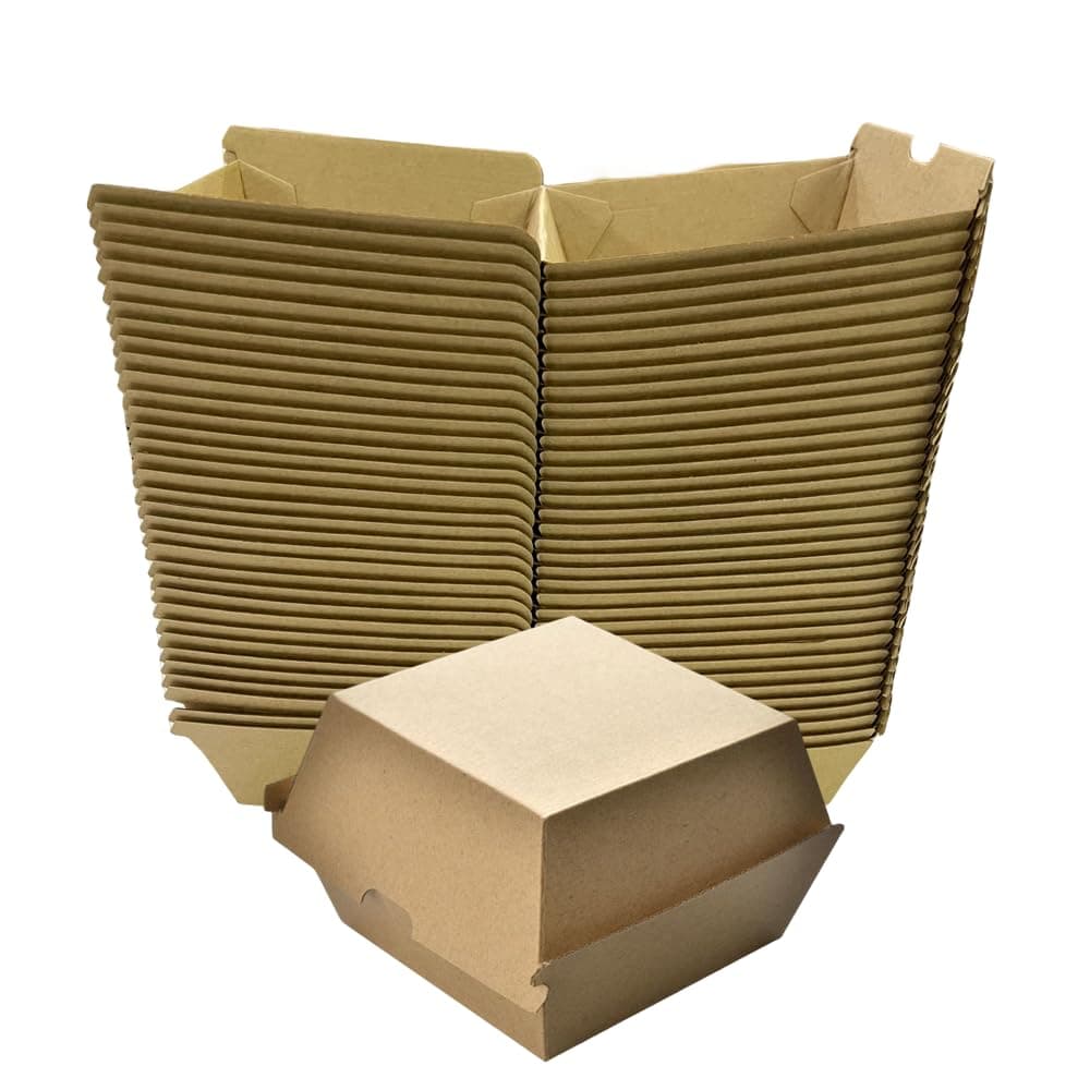 Hewnda 50 Pack 4 x 4 Inch Clamshell Takeout Tray,Microwaveable paper hinged containers,Clamshell Food Containers, Burgers,Sandwich, Cookies Take-Out Container (Brown)