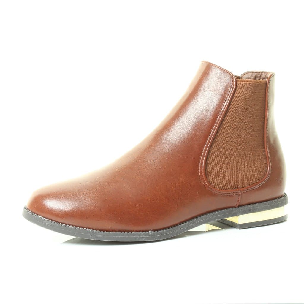 Womens Flat Gold Trim Chelsea Ankle Boots Elastic Gusset Pull On Black Brown Shoes Sizes 3 4 5 6 7 8