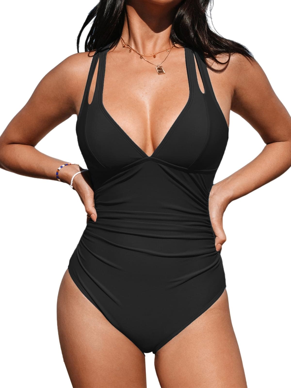 CUPSHE Women Swimming Costume Tummy Control One Piece Swimsuits Deep V Neck Double Straps Crisscross Back Tie Bathing Suits