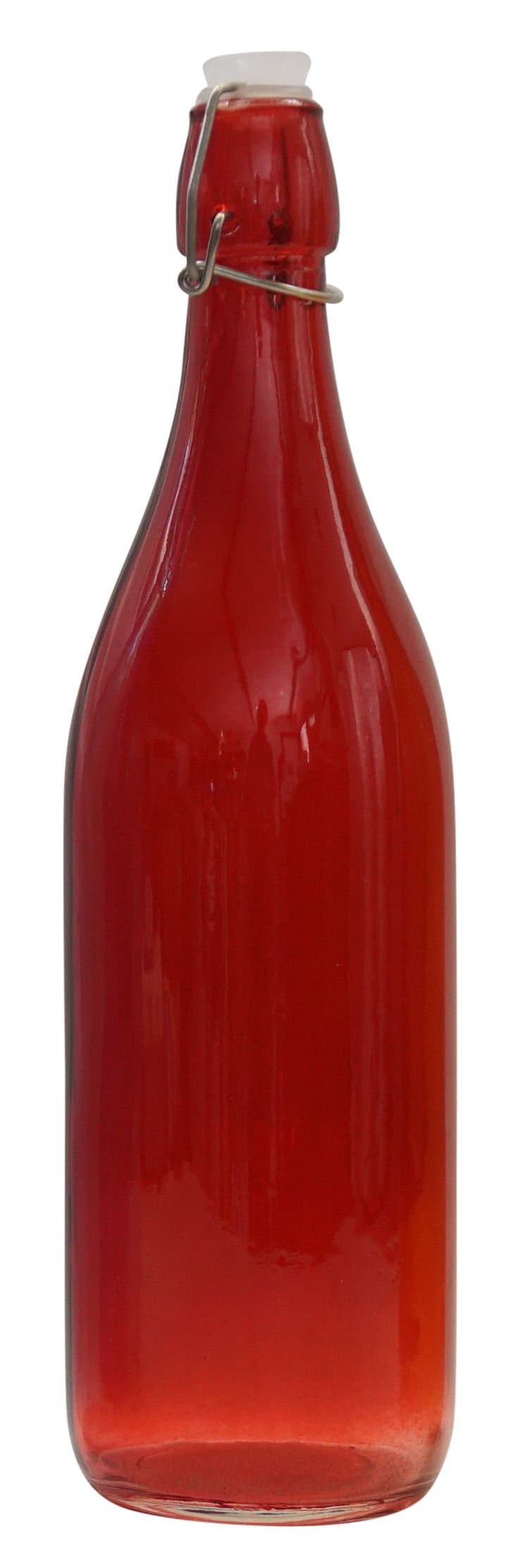Glass Water Bottle with Top Secure Stopper Red Color 1 Liter/33 Oz