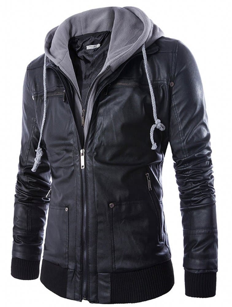 Venxic Men Leather Motorcycle Jacket with Removable Hood Double Zipper Slim Fit Moto Coat Black