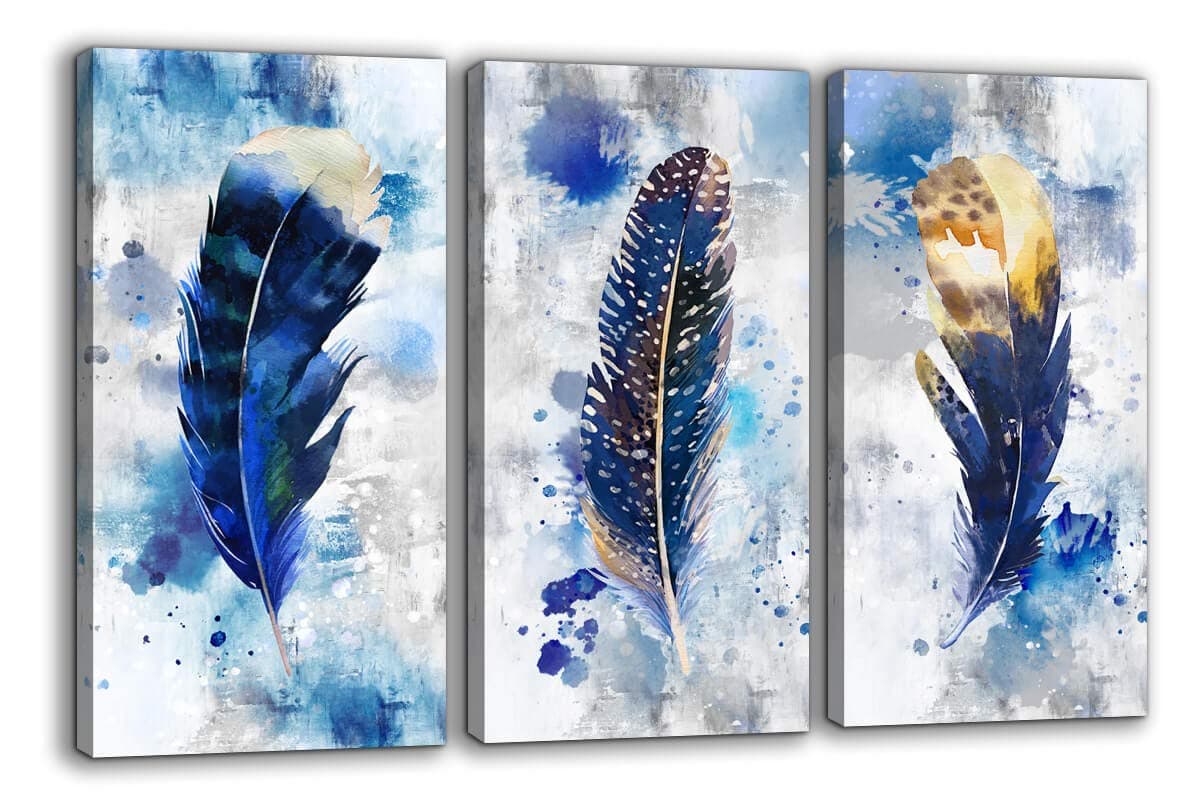 Pogusmavi Blue Canvas Wall Art for Living Room Large Modern Artwork Watercolor Feather Print Picture 3 pieces Canvas Wall Art Bedroom Wall Decor Ready to Hang for Home Office Decoration
