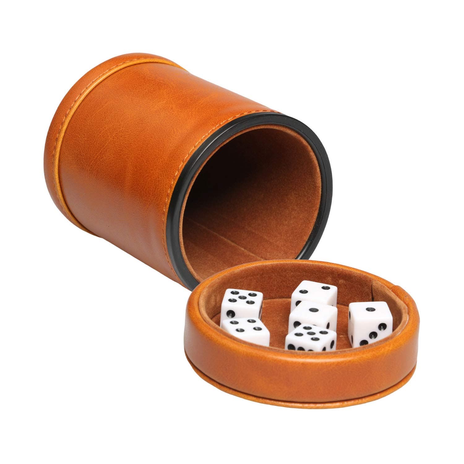 RERIVER (Brown-1) - Leatherette Dice Cup with Lid Includes 6 Dices, Velvet Interior Quiet in Shaking for Liars Dice Farkle Yahtzee Board Games, Brown
