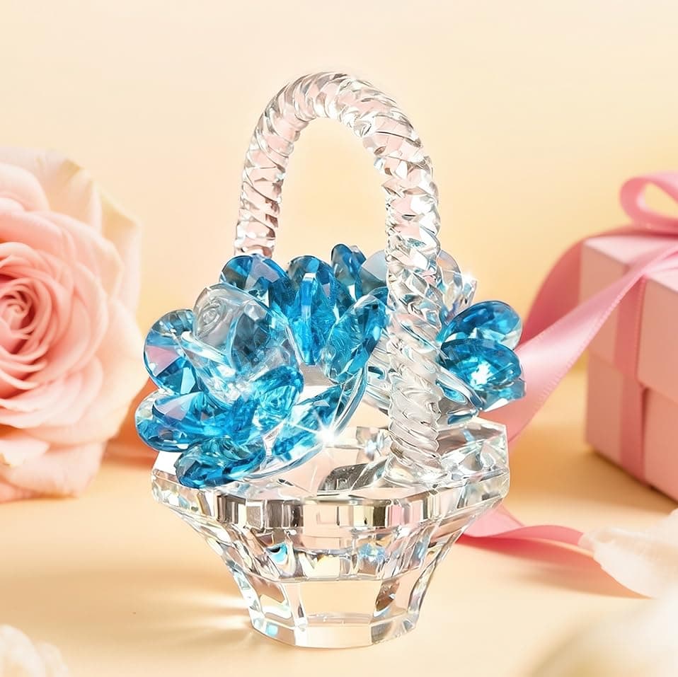 H&D HYALINE & DORA Crystal Flower Basket Figurine Collectable Ornaments Home Decor Tabletop Centerpiece Gift for Lady,Blue Color