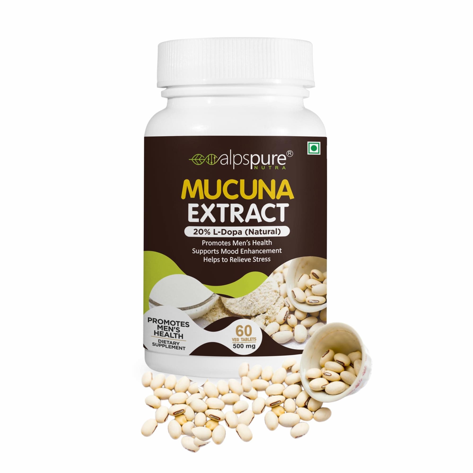 Alpspure Nutra Mucuna Pruriens Extract Tablets 500 mg (60 Veg Tablets) Natural L-Dopa, Promotes Men's Vitality | Stress Reliever | Improves Brain & Nerve Function | Pure Kapikachhu pack of -1