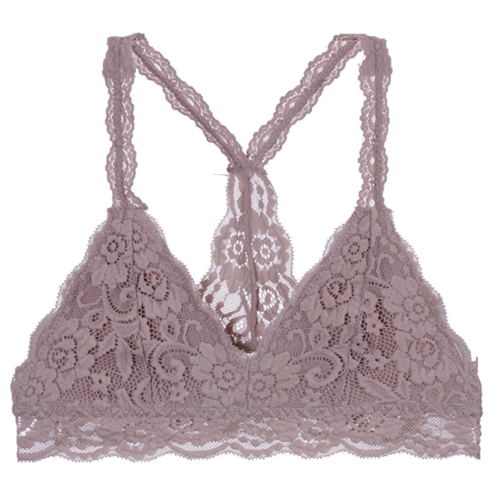 Racerback Lace Bralette Bustier Bra Crop Top Sheer UNPADDED MESH SEXY LINED BRA, Large, Mocha