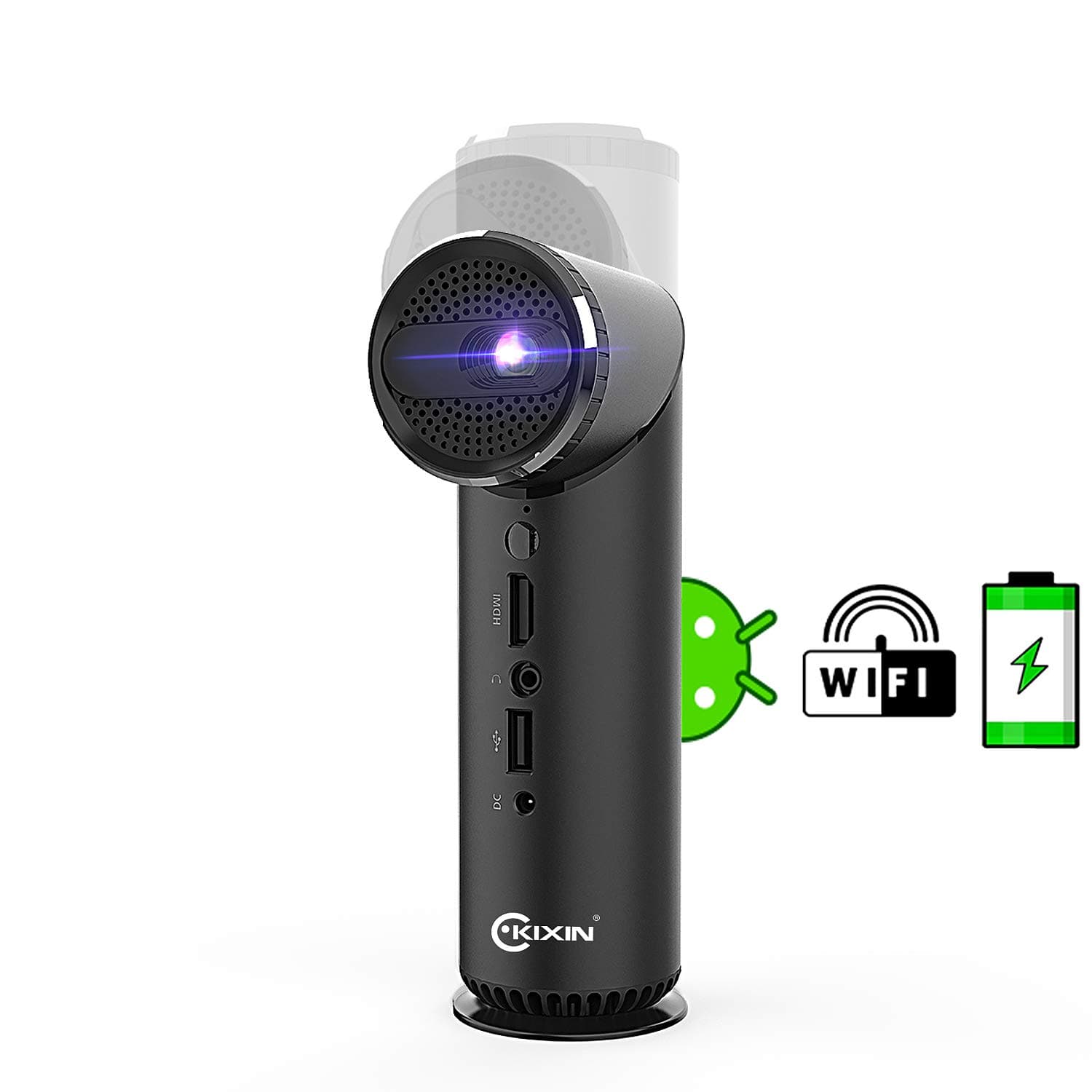 KIXIN Portable Smart Projector with Speakers HIFI Audio,Rotated 90 Degrees Lens 1080P 4500 Lumens Smart Mini Wi-Fi Projector,Bluetooth DLP Pocket Projector with HDMI,Wireless Screen Share(black)