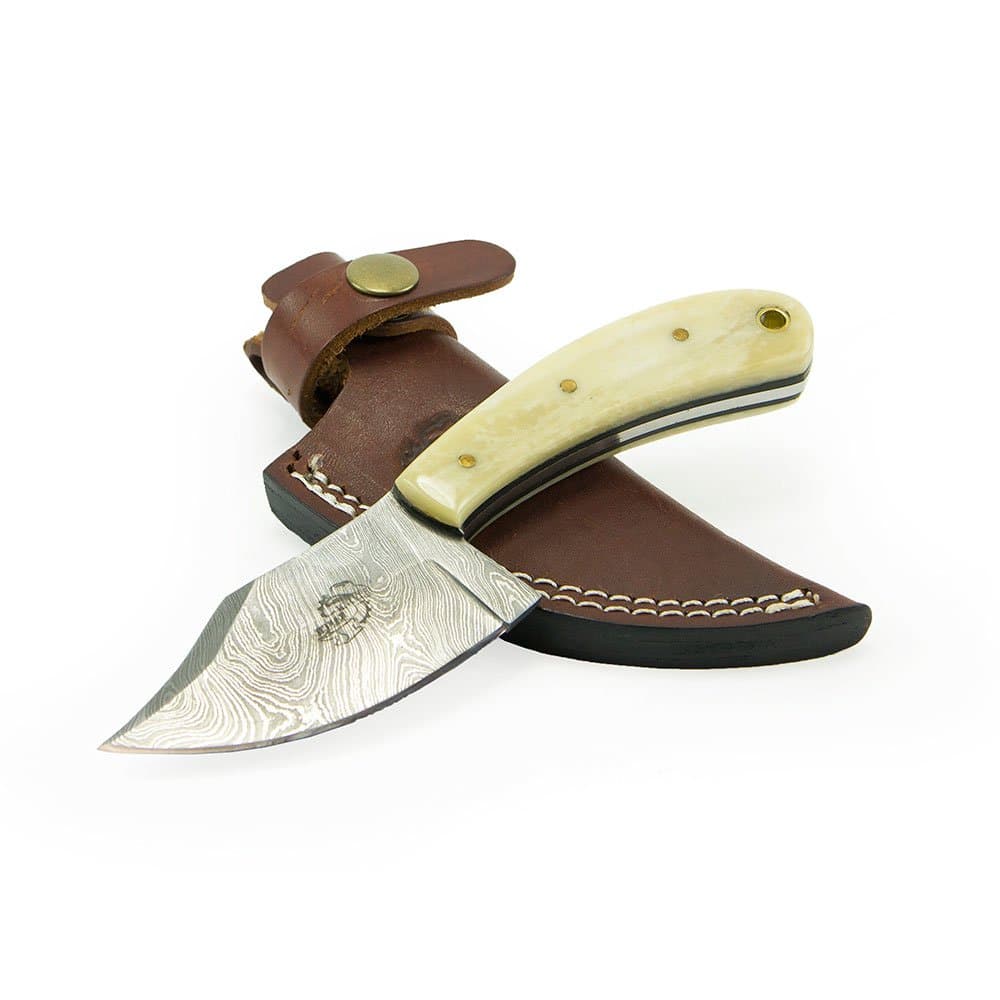 Knives Ranch Damascus Steel Knives 6.75" Knife with Bone Handle and Leather Sheath