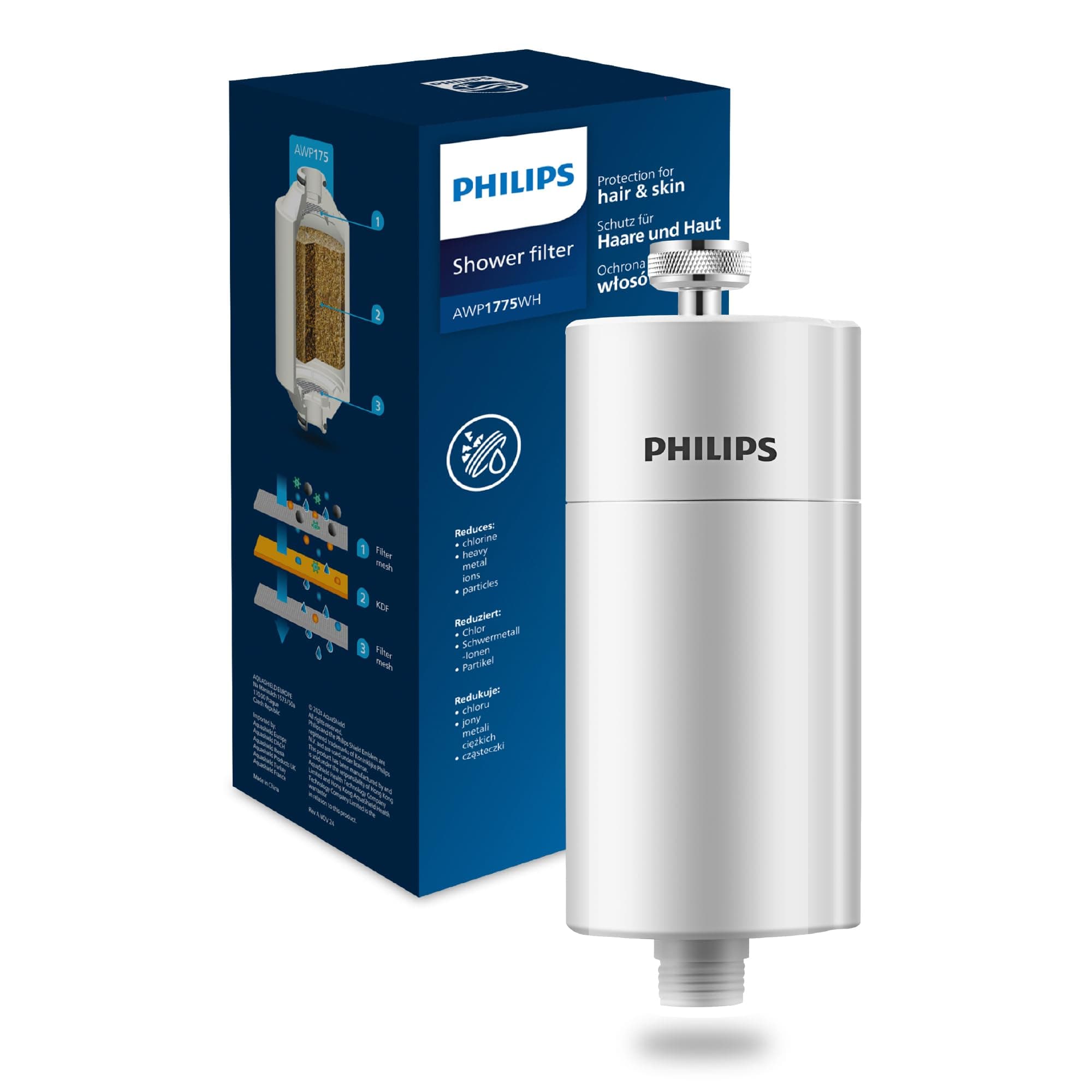 Philips Water AWP1775 - Inline Shower Filter - Reduces Chlorine by up to 99% Easy to Install | Fits All UK and Eire Shower Hoses and Taps | White