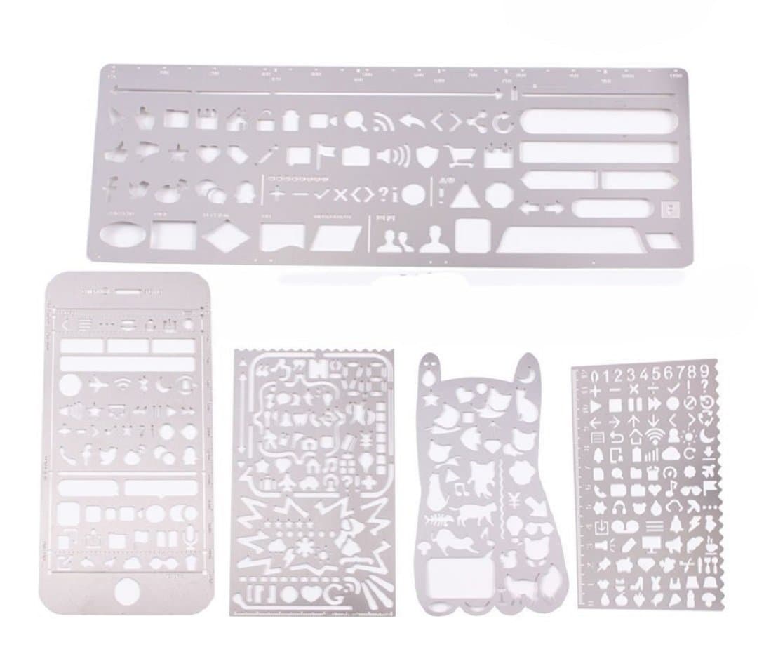 Set of 5 Stainless Steel Drawing Painting Stencils Scale Template, Graphics Stencils for Scrapbooking, Card and Craft Projects,Perfect for Using with Your Bullet Journal