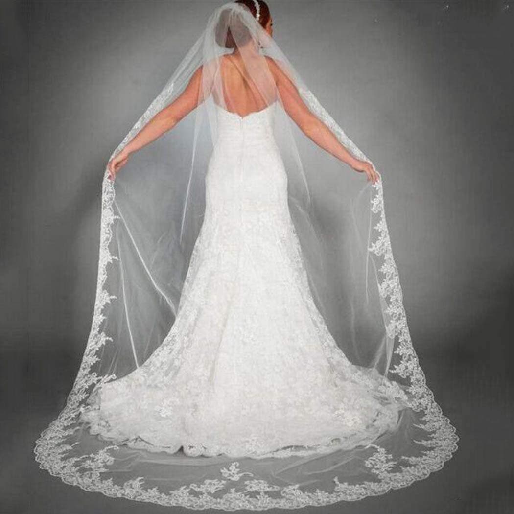 1Tiers Lace Appliqued Bride Wedding Veil 118" Long Cathedral Length Bridal Veil With Comb Hip Lace Edge Hair Accessories (Ivory)