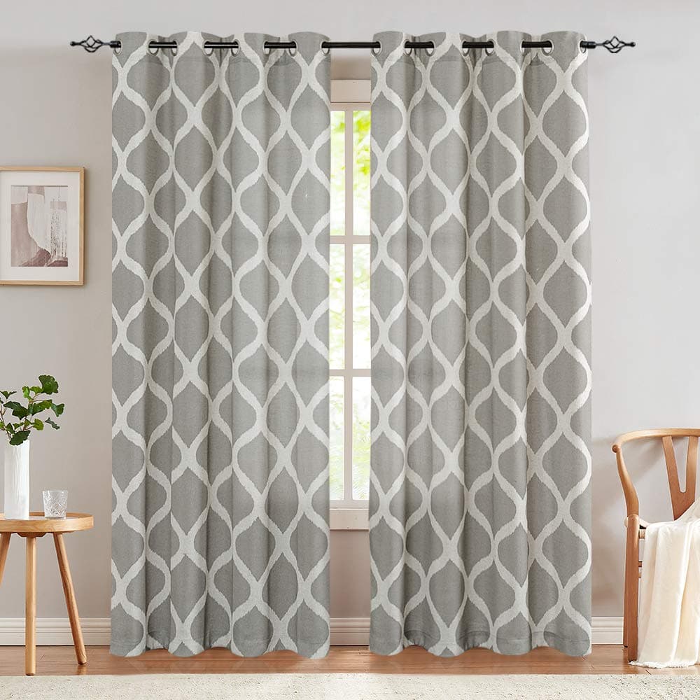 Linen Curtains Ogee Pattern Textured Lattice Grommet Top Window Panels Drapes for Bedroom Living Room Window Patio Door 2 Panels