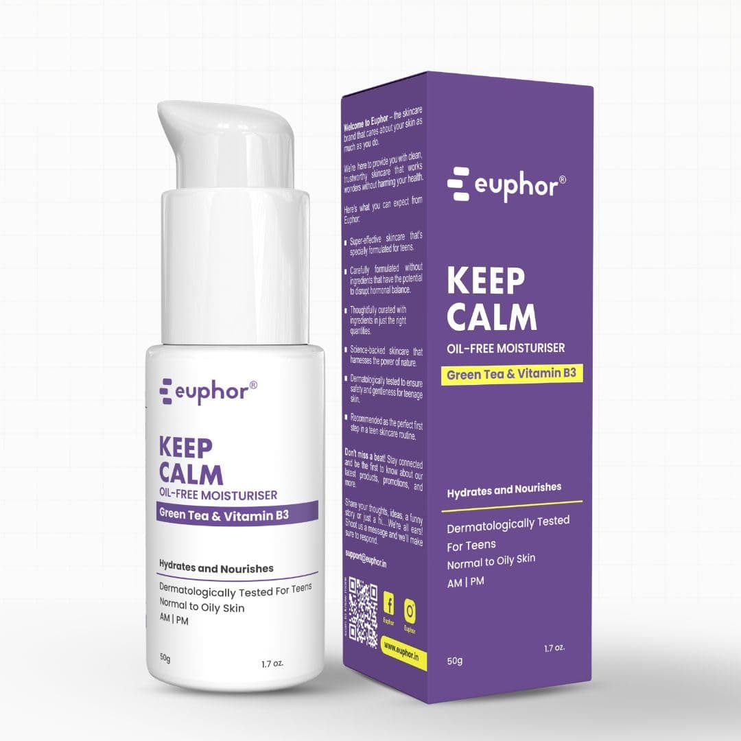 euphorTeens | Oil-free Gel Moisturizer- KEEP CALM | Controls Acne | Light Weight Hydration for Oily and Acne-prone Skin | Witch Hazel Extract, Niacinamide, Green Tea | PEG-free, Paraben-free