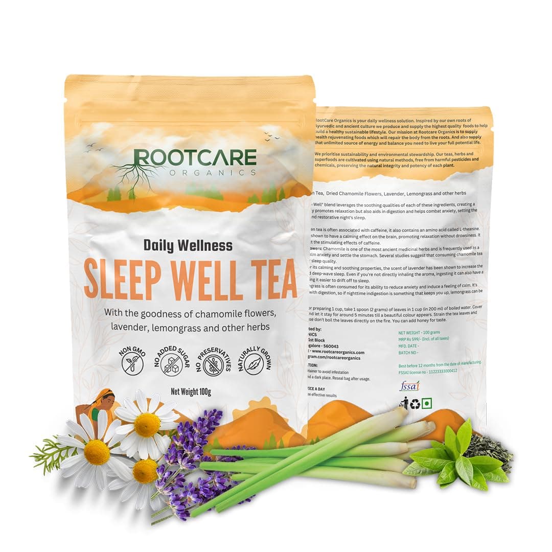 Sleep Well Tea | Herbal Tea with Green Tea, Chamomile, Lavender & Lemongrass | Promotes Better Sleep & Reduces Stress | Supports Digestion | 100% Natural | 100g Pack Of 1 Month