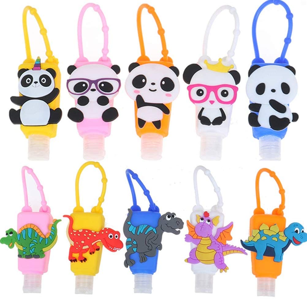 SUSHAFEN 10Pcs Hand Sanitizer Bottle Holder with Dinosaur Panda Silicone Protective Case Mini 30ml Detachable Kids Travel Portable Plastic Leak Proof Bottles Keychain Carriers-Random Patterns