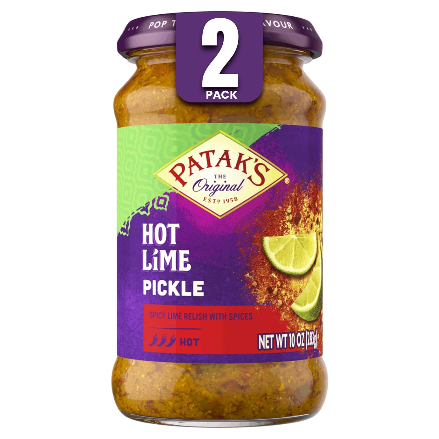 Patak’s Hot Lime Pickle - Authentic Indian Relish w/Lime Dices, Mustard Seeds & Aromatic Spices - Perfect for Sandwiches, Curries, Salads & Cold Meats - Vegan Spicy Pickle - 10oz Jar (Pack of 2)