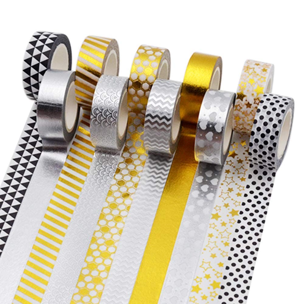Washi Tape Metallic Gold and Silver Black Color 10 Pcs Value Pack Bulk, Japanese Decorative Masking Tape for DIY Art Project Gift Wrap Scrapbooking Crafts, 32-ft Each Roll, Total 320-ft, by BllalaLab