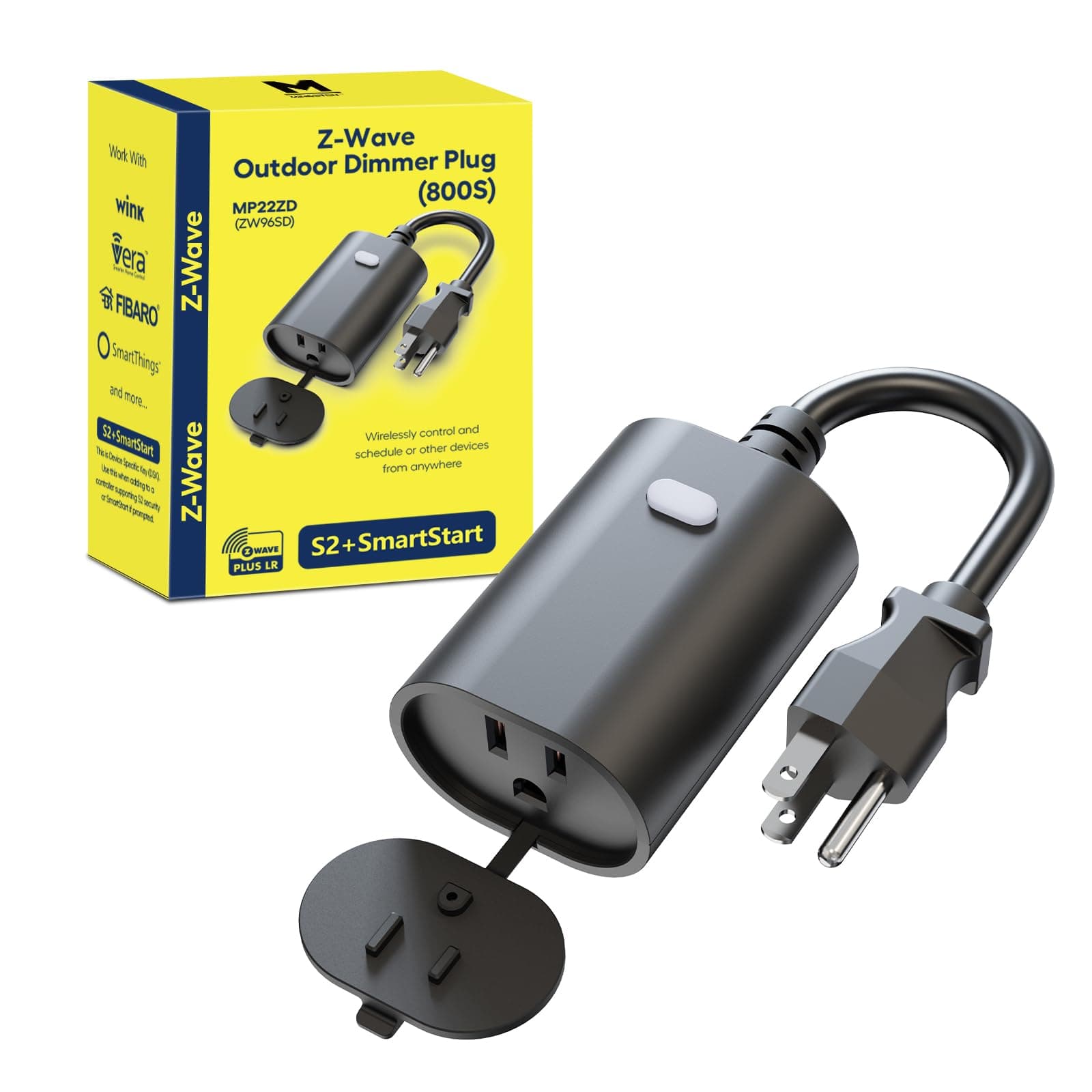 Z-Wave Plug 800 Outdoor Dimmer Zwave Dimmable Smart Plugs Outlet Switch, Z-Wave Hub Required, IP65 Weatherproof, Built-in Repeater, Work with SmartThings, Wink, Hubitat, Black (MP22ZD)