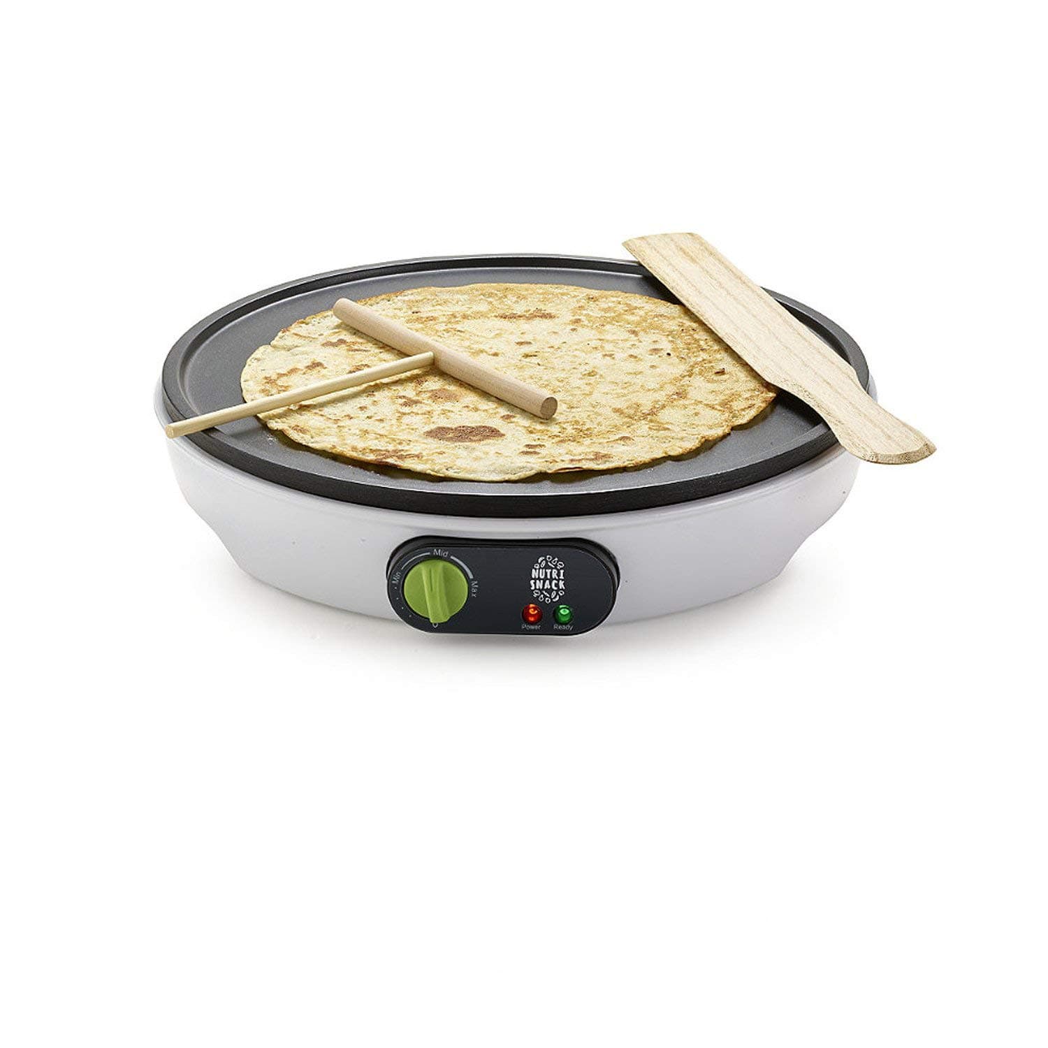 Premium Crepe and Pancake Maker 1000W I Includes Recipes, Wooden Spreader and Spatula I Non-Stick Cooking Plates I Automaitc Temperature Control - White/Black