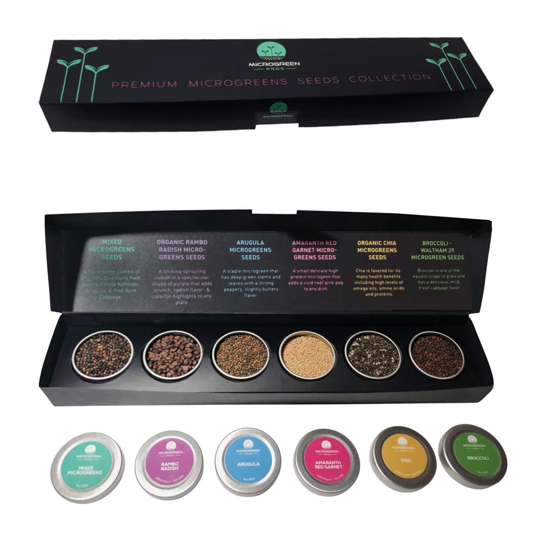 Six Premium Microgreens Seeds Kit, Over 30,000 Seeds - 100% Non GMO - Arugula, Broccoli, Mixed Salad, Radish, Chia and Amaranth Red Garnet for Planting & Sprouting Indoors