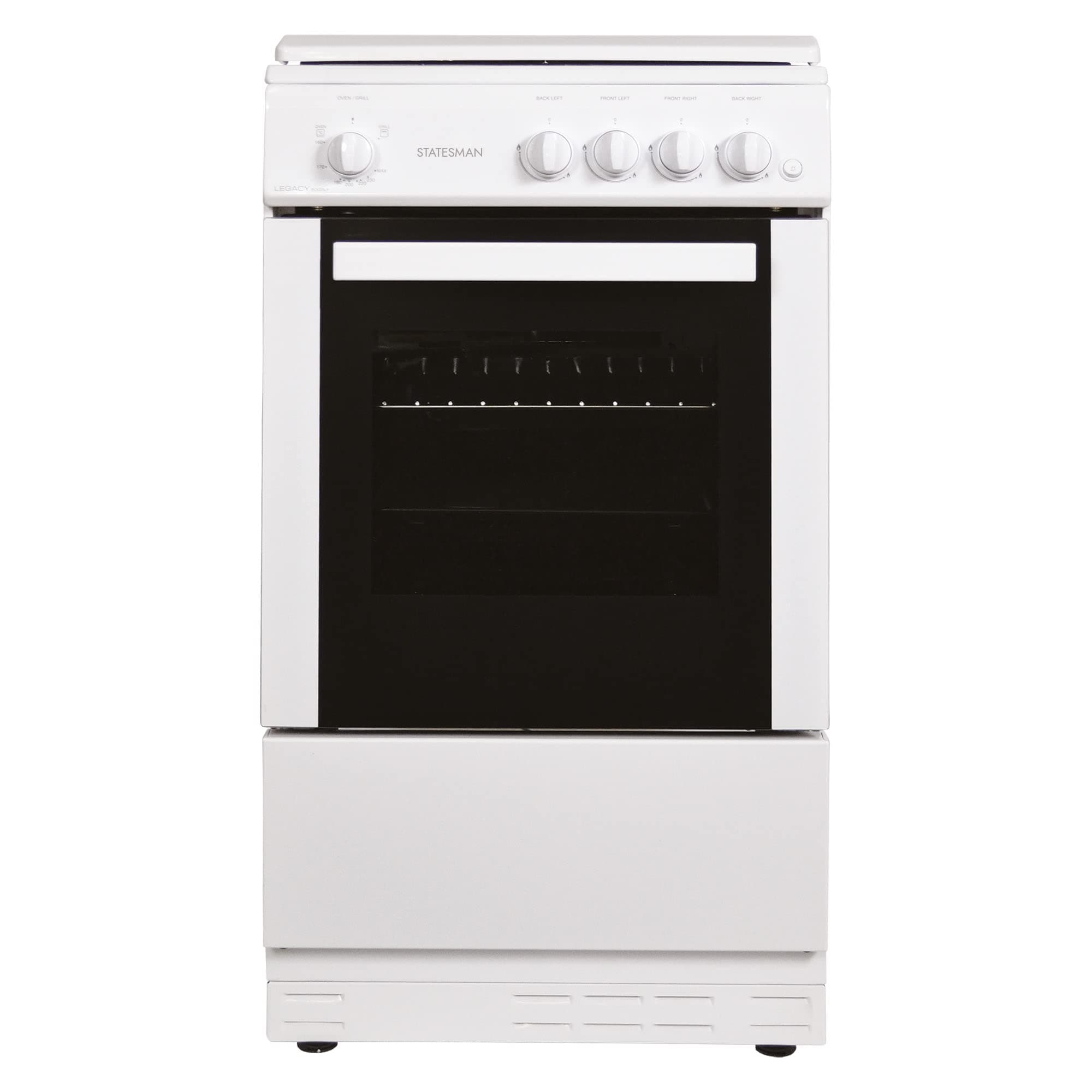 Statesman LEGACY50GSLF Single Oven Gas Cooker with Enamel Lid, 4 Gas Burners, Integrated Grill, 50cm Wide, 1 Oven Shelf, Includes 2 Trays, LPG Conversion Kit Included, White