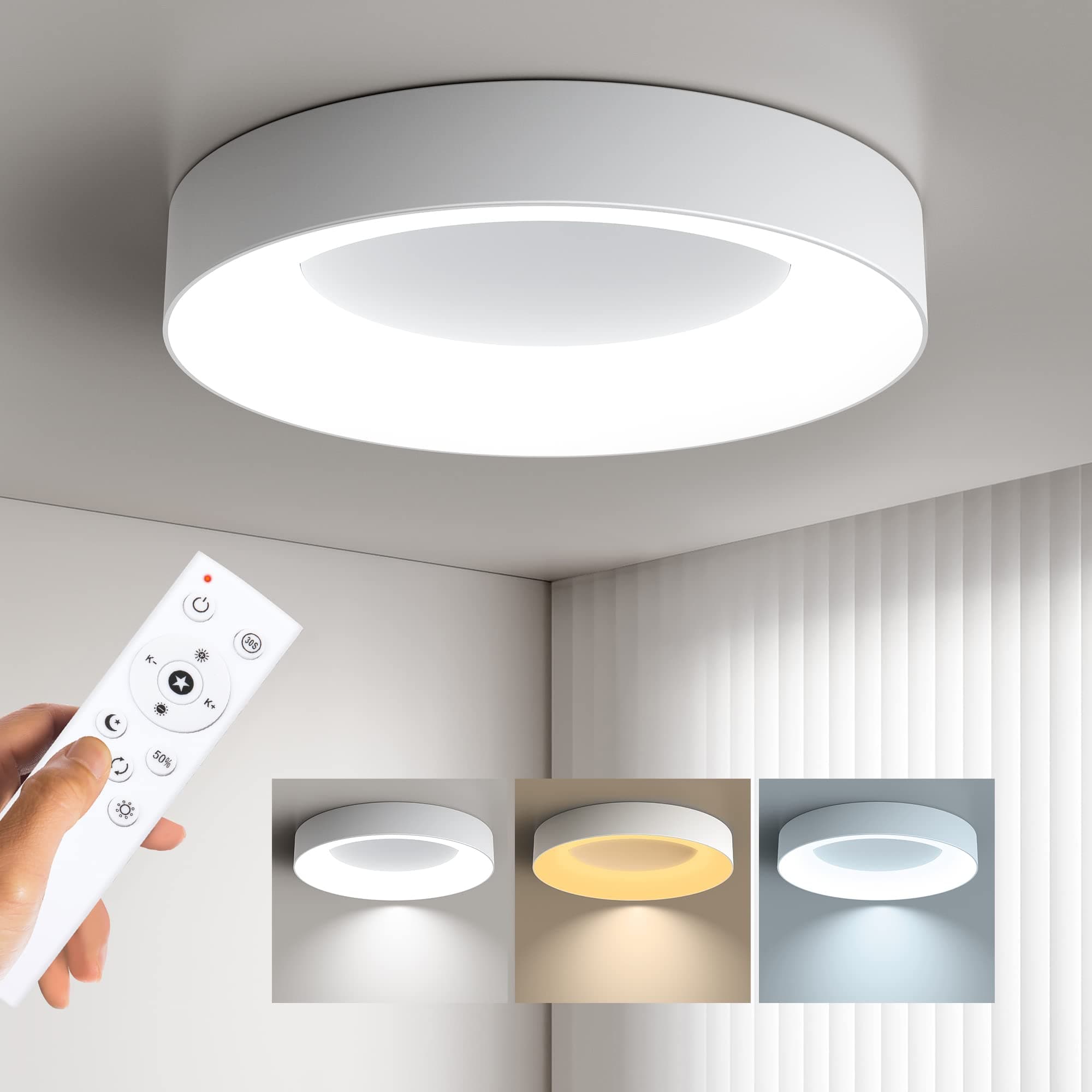 Flush Mount Ceiling Light with Remote, Dimmable 24W Modern White Light Fixture for Bedroom, Kitchen and Living Room