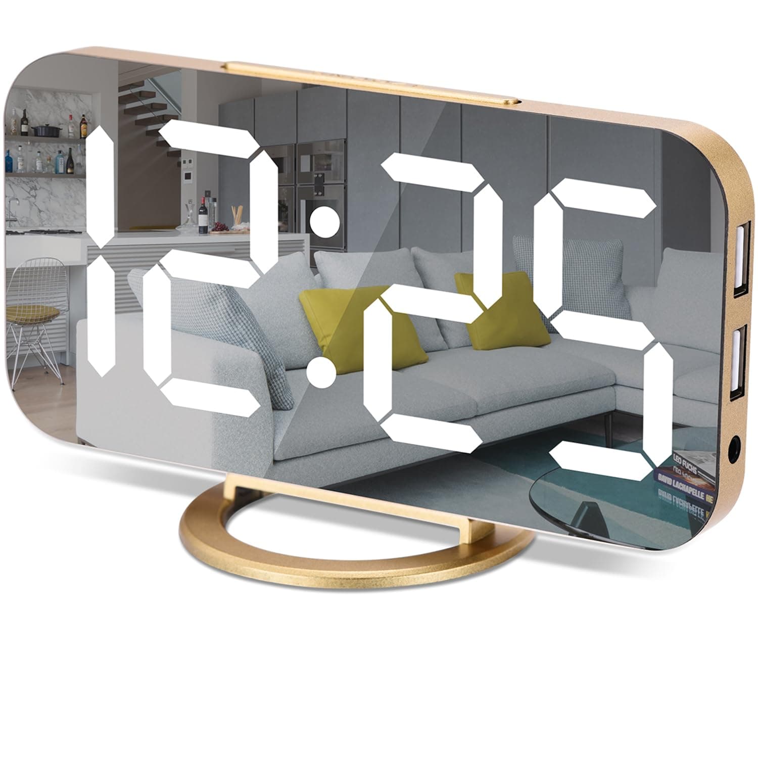 Poeroa Digital Alarm Clock,7 in LED Mirrored Clocks Large Display,with 2 USB Charger Ports,Auto Dim,Night Mode,Modern Desktop Electronic Clocks for Bedroom Home Office Decor - Gold