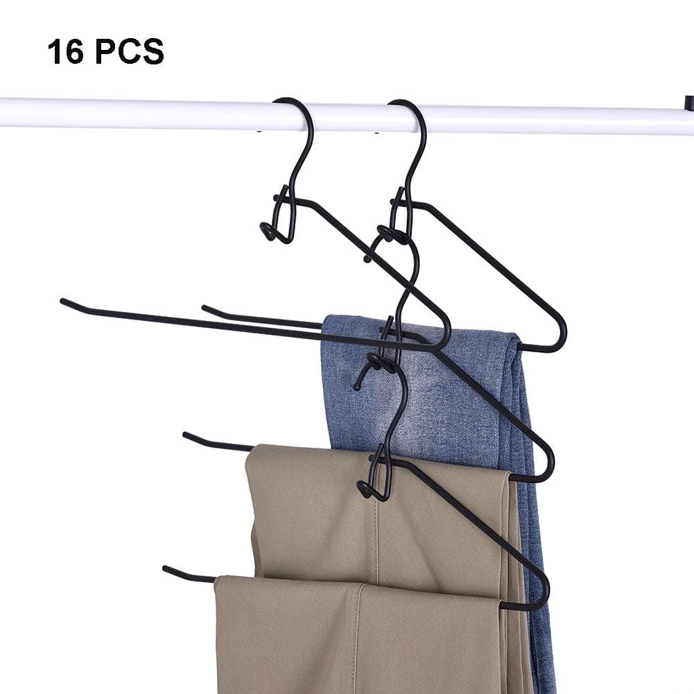 JS HANGER Pant Hangers, Metal Slack Hangers Open-Ended Stackable Trousers Hangers, with Add-On Hook - Black, Set of 16.