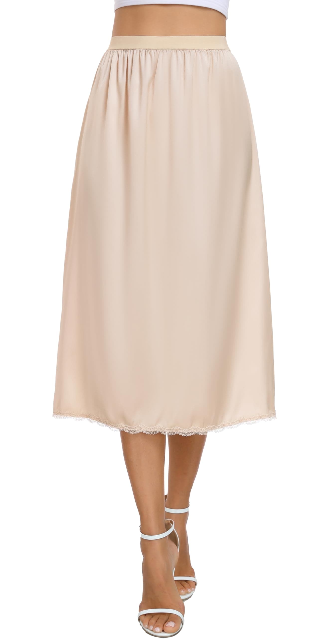 Women's Satin Half Slips Lace Long Underskirt Soft Waist Slips for Under Dresses Long Skirt Petticoat Size UK 6-24