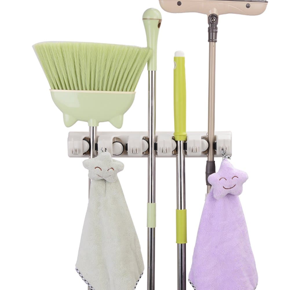 Mop and Broom Holder, 5 Position with 6 Hooks Holds Up to 11 Tools, Multipurpose Wall Mounted Garage Garden Kitchen Tool Organizer Hanger for Rake