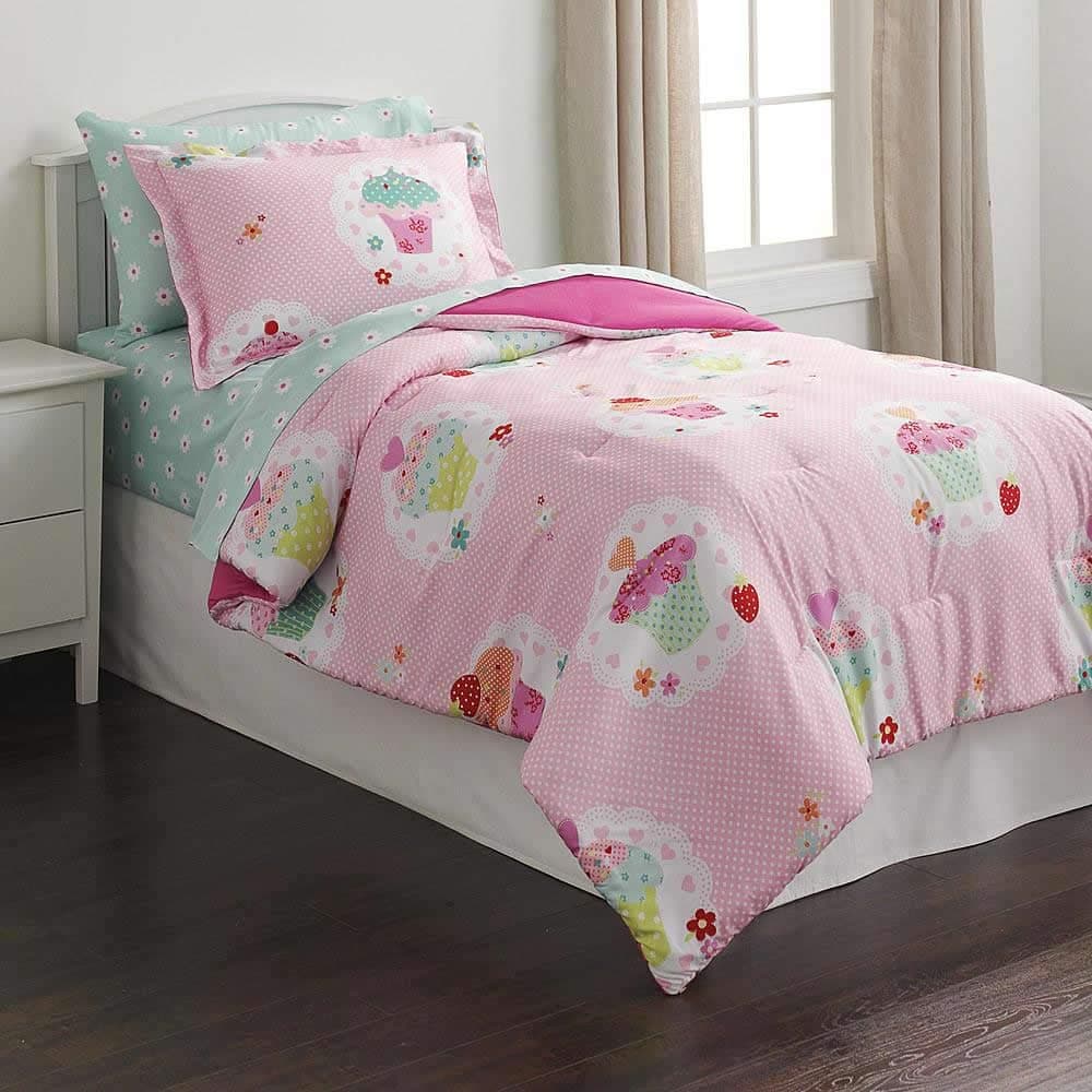 Twin Comforter Set with Pillow Sham features Cupcakes and Polka dots perfect for Girls Bedroom by Piper Kids
