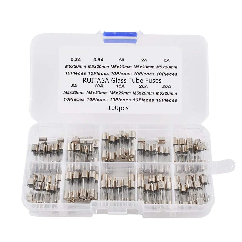 RUITASA 100Pcs Fast-blow Glass Fuses Assorted Kit 5x20mm 250V 0.2A 0.5A 1A 2A 3A 5A 8A 10A 15A 20A