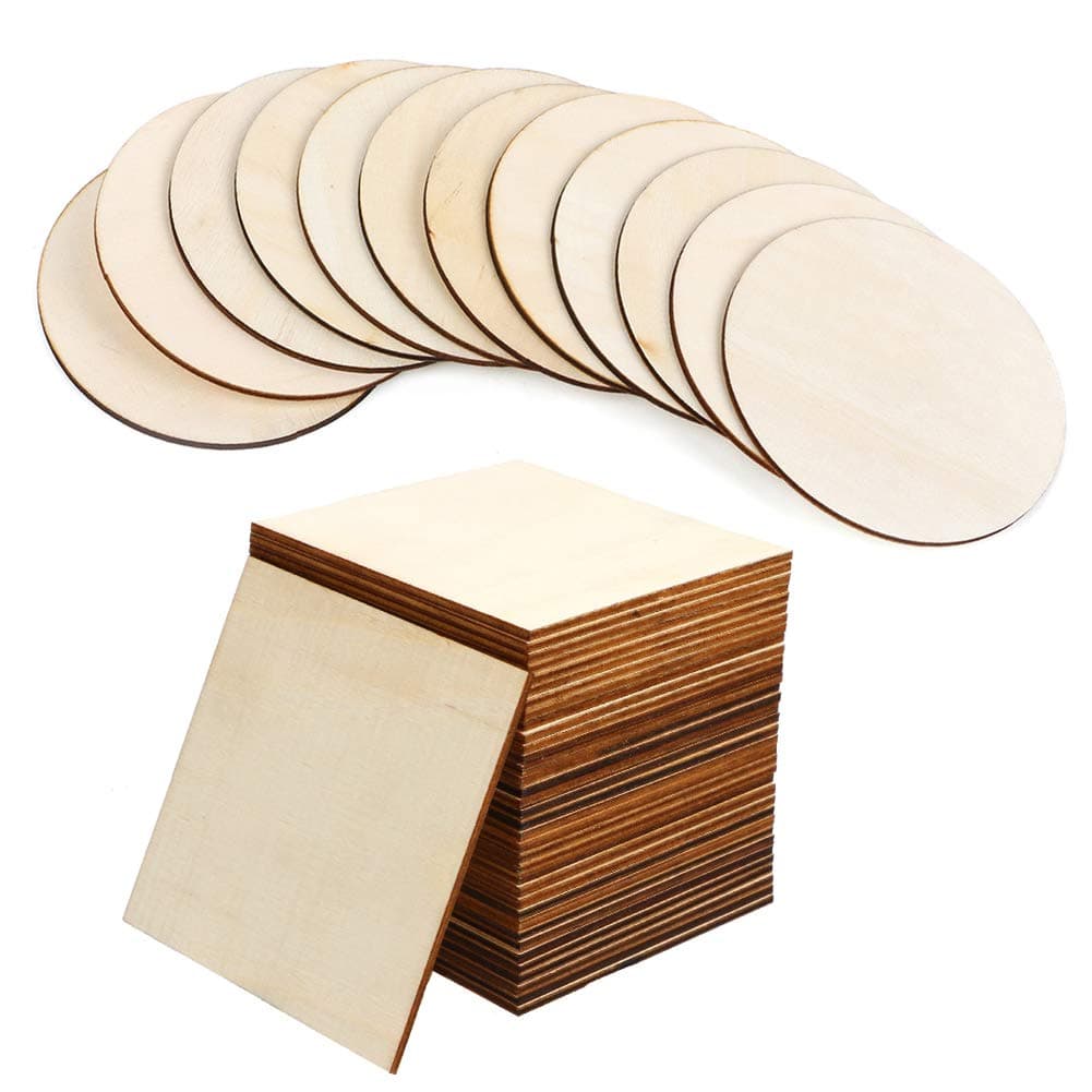 Unfinished Wood Slices, 24 Pcs Squares + 12 Pcs Round Blank Wood Natural Pieces Wooden Discs for DIY Craft Supplies, Pyrography, Painting, Coasters, 4 x 4 Inch Diameter