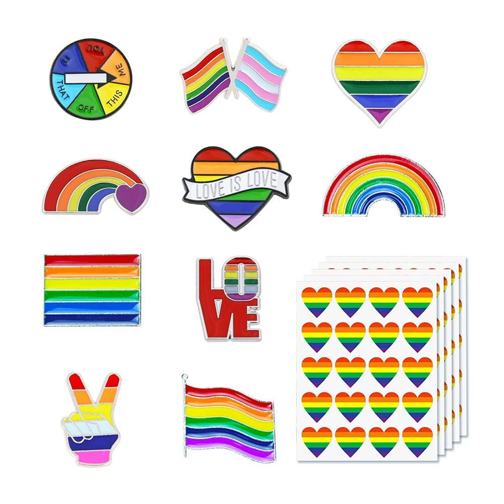 Rainbow Broochs, 10 Styles Metal Fashion Badge Pride Lapel Pin with 100 Heart Love Stickers for Dresses, Suits, Backpacks, Bags