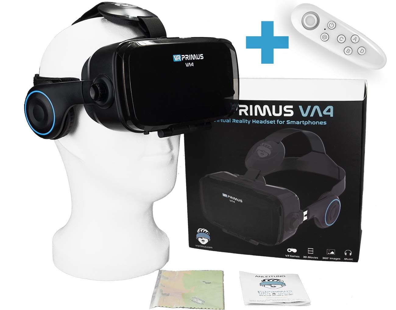 VR Primus® VA4, VR headset for Smartphones. Compatible with iPhone X XS XR 11 Pro and Android phones up to 6.2″ e.g. Samsung,Huawei,LG,Sony,Xiaomi,Google Cardboard | + controller for Android phones