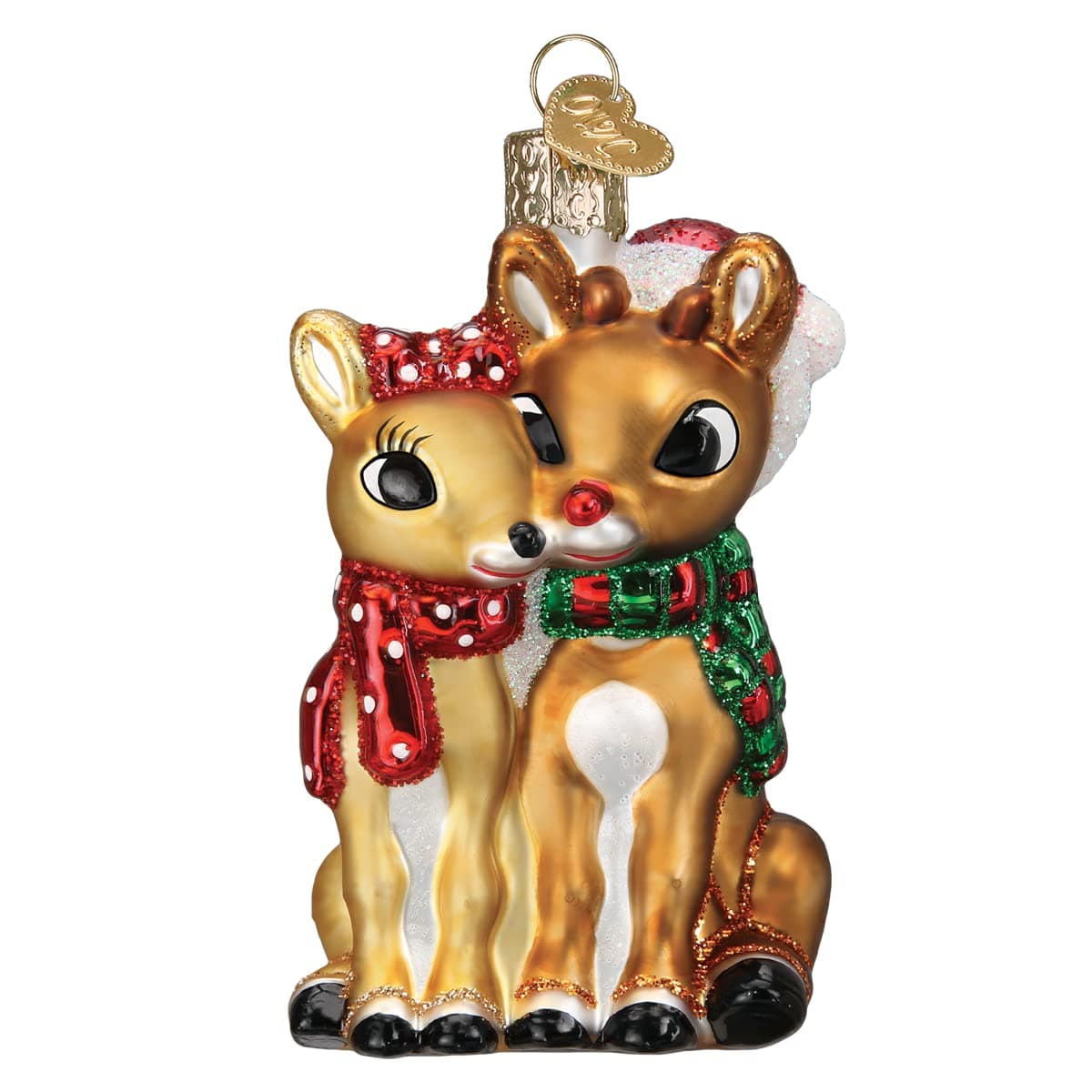 Rudolph and Clarice Glass Blown Ornament for Christmas Tree, Handcrafted Holiday Decoration, Rudolph Collection