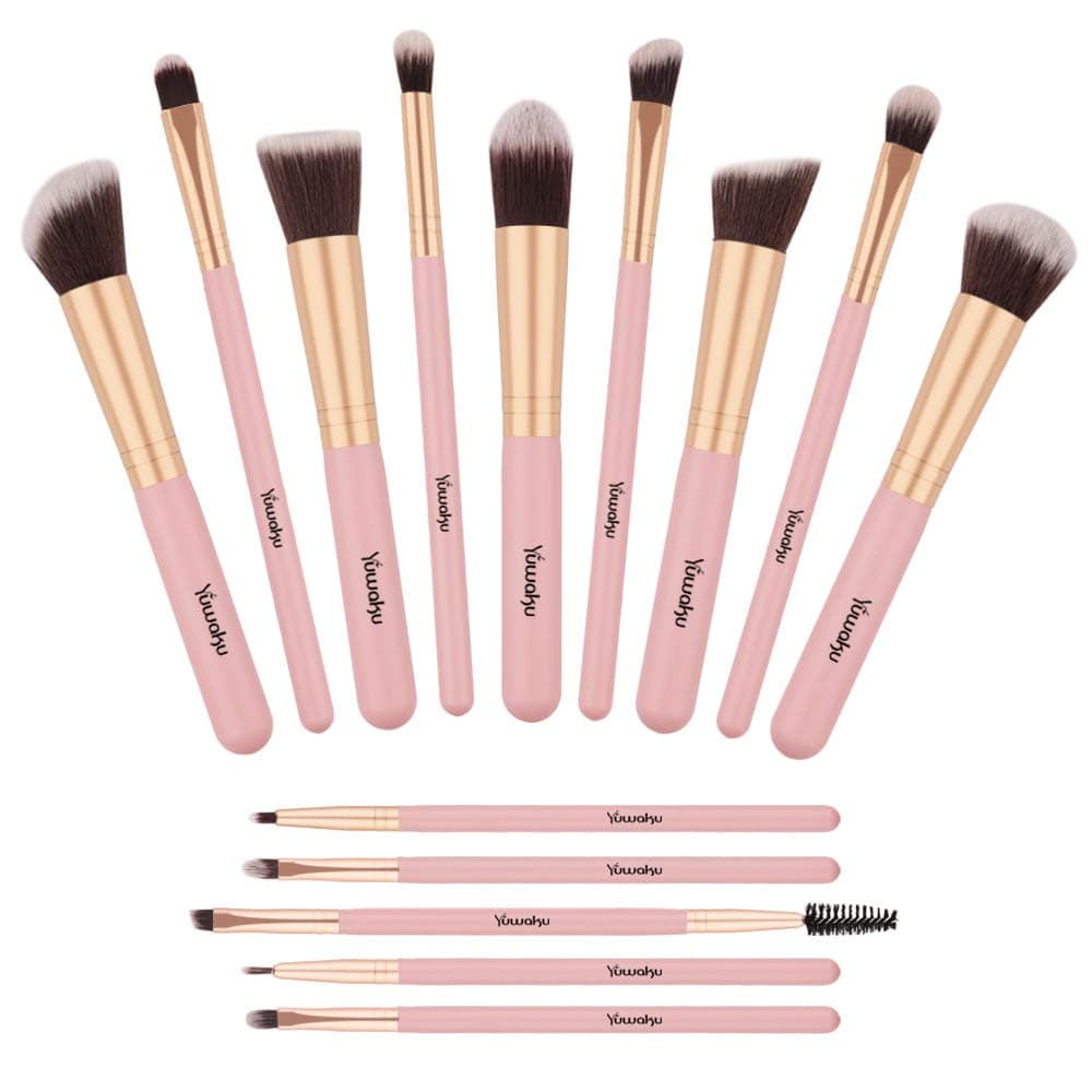 Makeup Brushes Set, Yuwaku Premium Synthetic 14pcs Kabuki Make Up Brush, Pink Foundation Powder Concealers Blush Eyeliner Eye Shadows Cosmetic Kit
